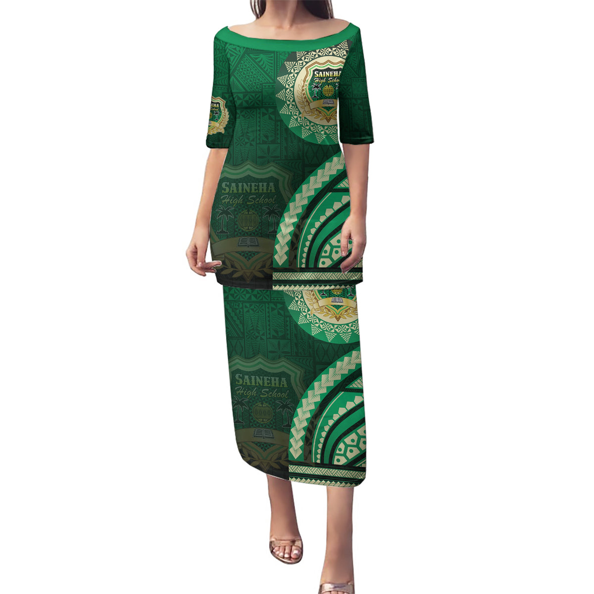 Saineha High School Puletasi Ngatu and Polynesian Pattern LT03 Long Dress Green - Polynesian Pride