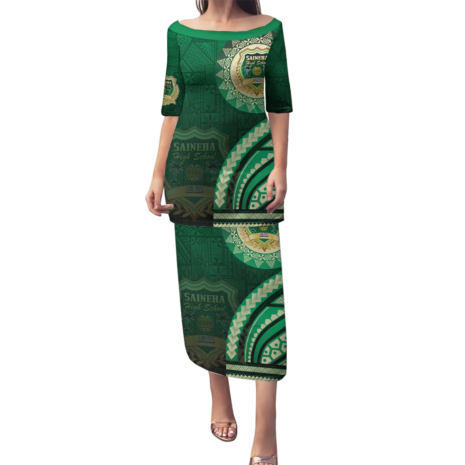 Saineha High School Puletasi Ngatu and Polynesian Pattern LT03 Long Dress Green - Polynesian Pride