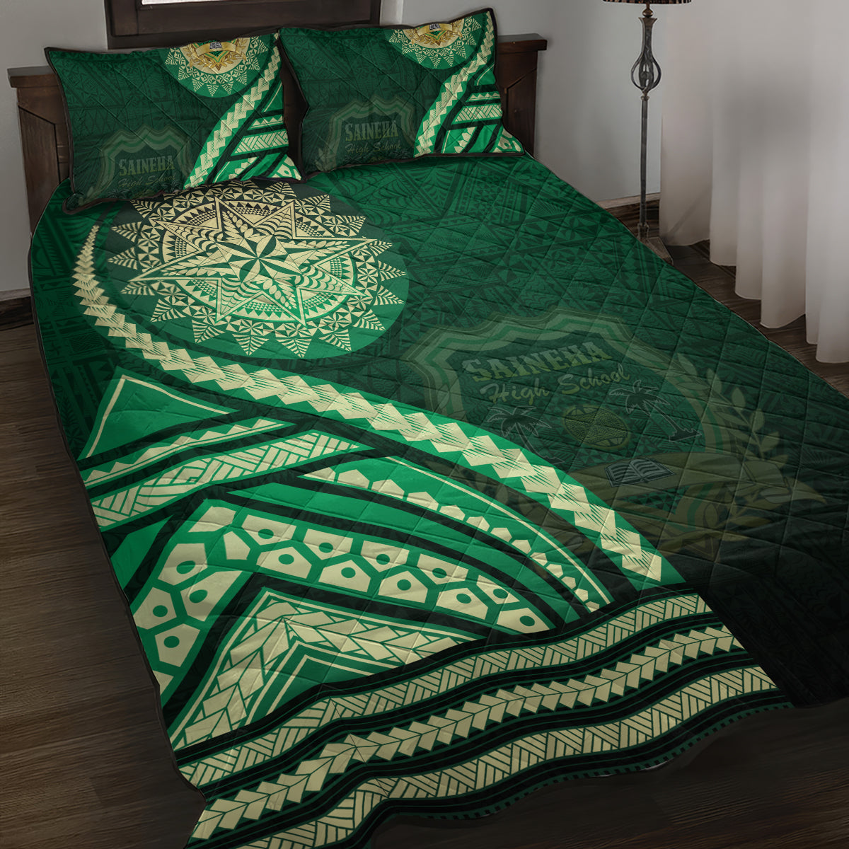 Saineha High School Quilt Bed Set Ngatu and Polynesian Pattern LT03 Green - Polynesian Pride