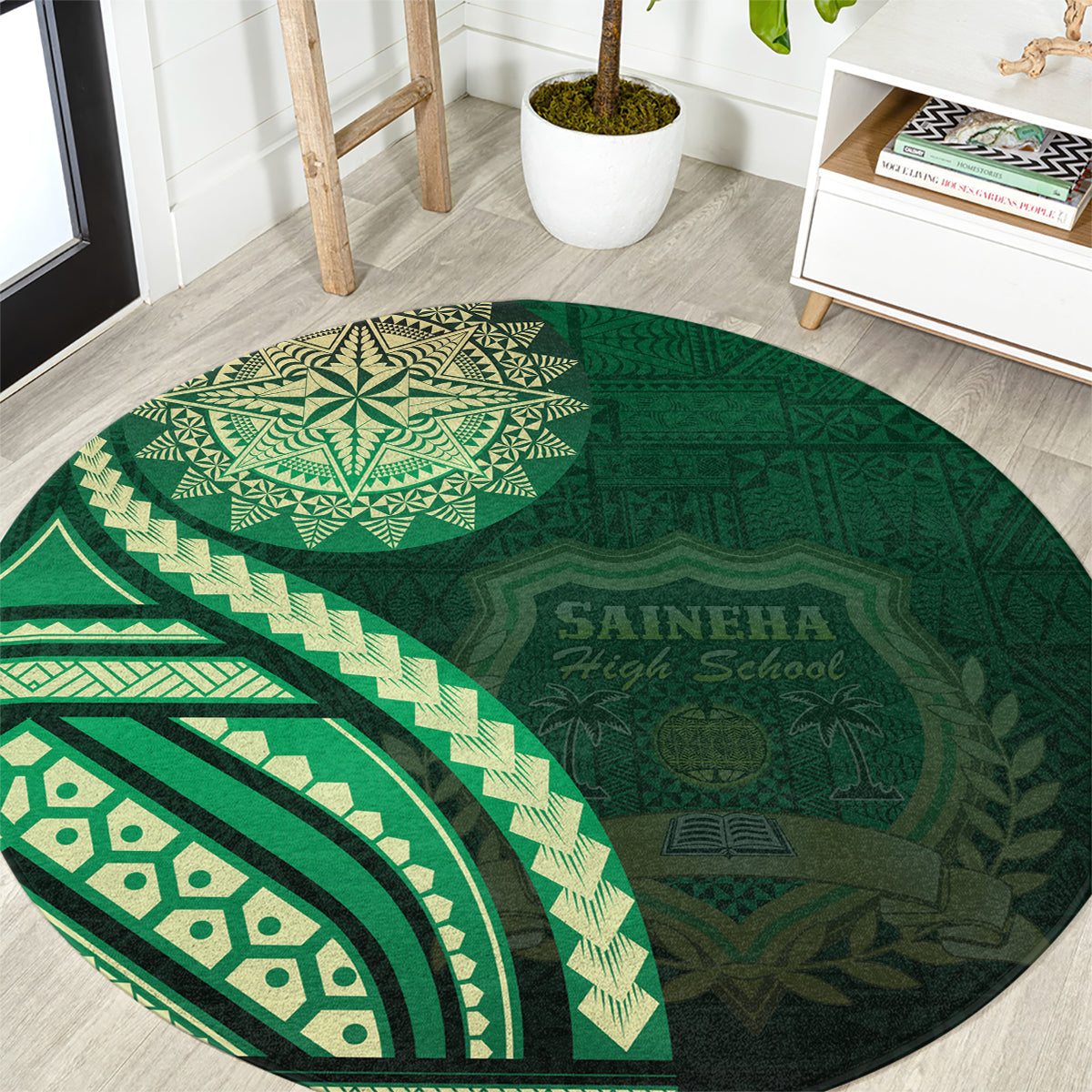 Saineha High School Round Carpet Ngatu and Polynesian Pattern