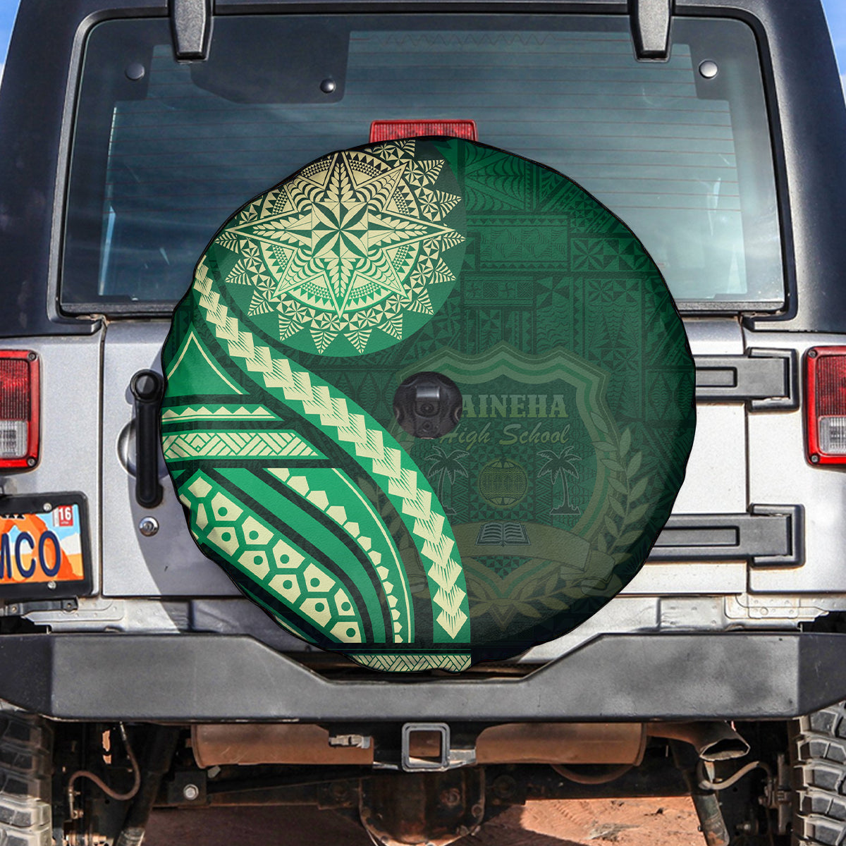 Saineha High School Spare Tire Cover Ngatu and Polynesian Pattern LT03 Green - Polynesian Pride