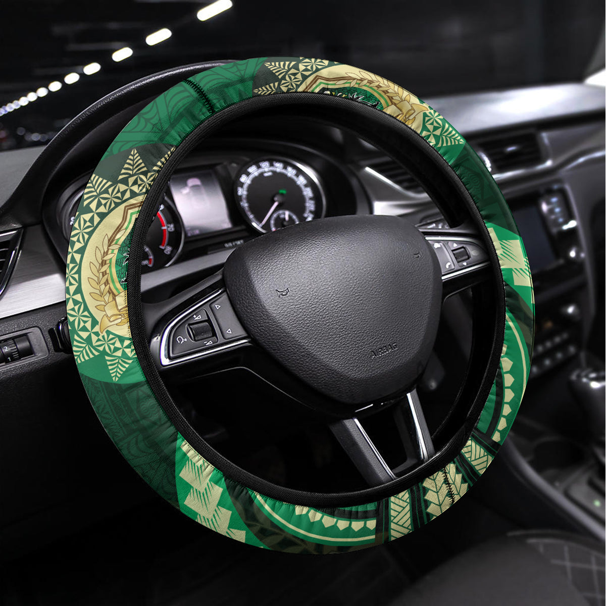 Saineha High School Steering Wheel Cover Ngatu and Polynesian Pattern LT03 Universal Fit Green - Polynesian Pride