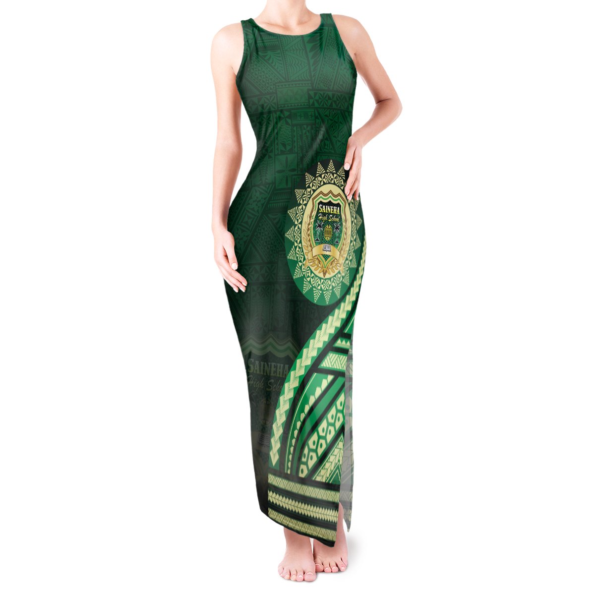 Saineha High School Tank Maxi Dress Ngatu and Polynesian Pattern LT03 Women Green - Polynesian Pride