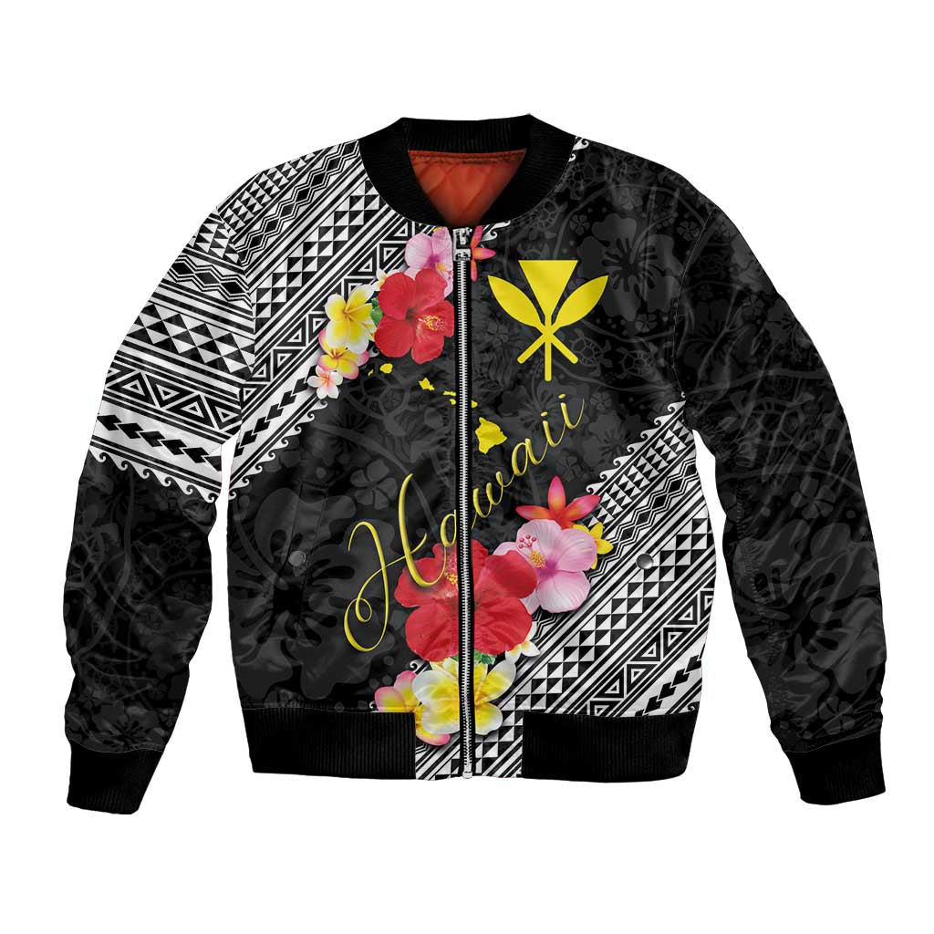 Aloha Hawaii Hibiscus and Plumeria Flowers Bomber Jacket Kanaka Maoli Tattoo Polynesian Pattern