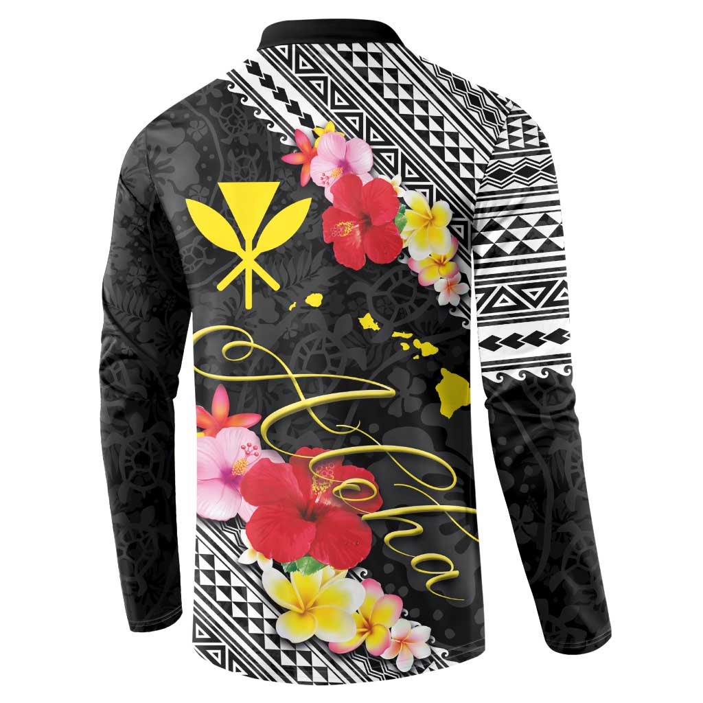 Aloha Hawaii Hibiscus and Plumeria Flowers Button Sweatshirt Kanaka Maoli Tattoo Polynesian Pattern