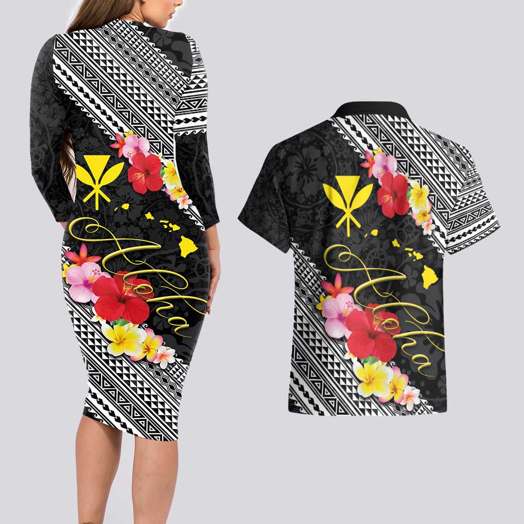 Aloha Hawaii Hibiscus and Plumeria Flowers Couples Matching Long Sleeve Bodycon Dress and Hawaiian Shirt Kanaka Maoli Tattoo Polynesian Pattern