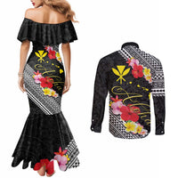 Aloha Hawaii Hibiscus and Plumeria Flowers Couples Matching Mermaid Dress and Long Sleeve Button Shirt Kanaka Maoli Tattoo Polynesian Pattern