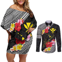 Aloha Hawaii Hibiscus and Plumeria Flowers Couples Matching Off Shoulder Short Dress and Long Sleeve Button Shirt Kanaka Maoli Tattoo Polynesian Pattern