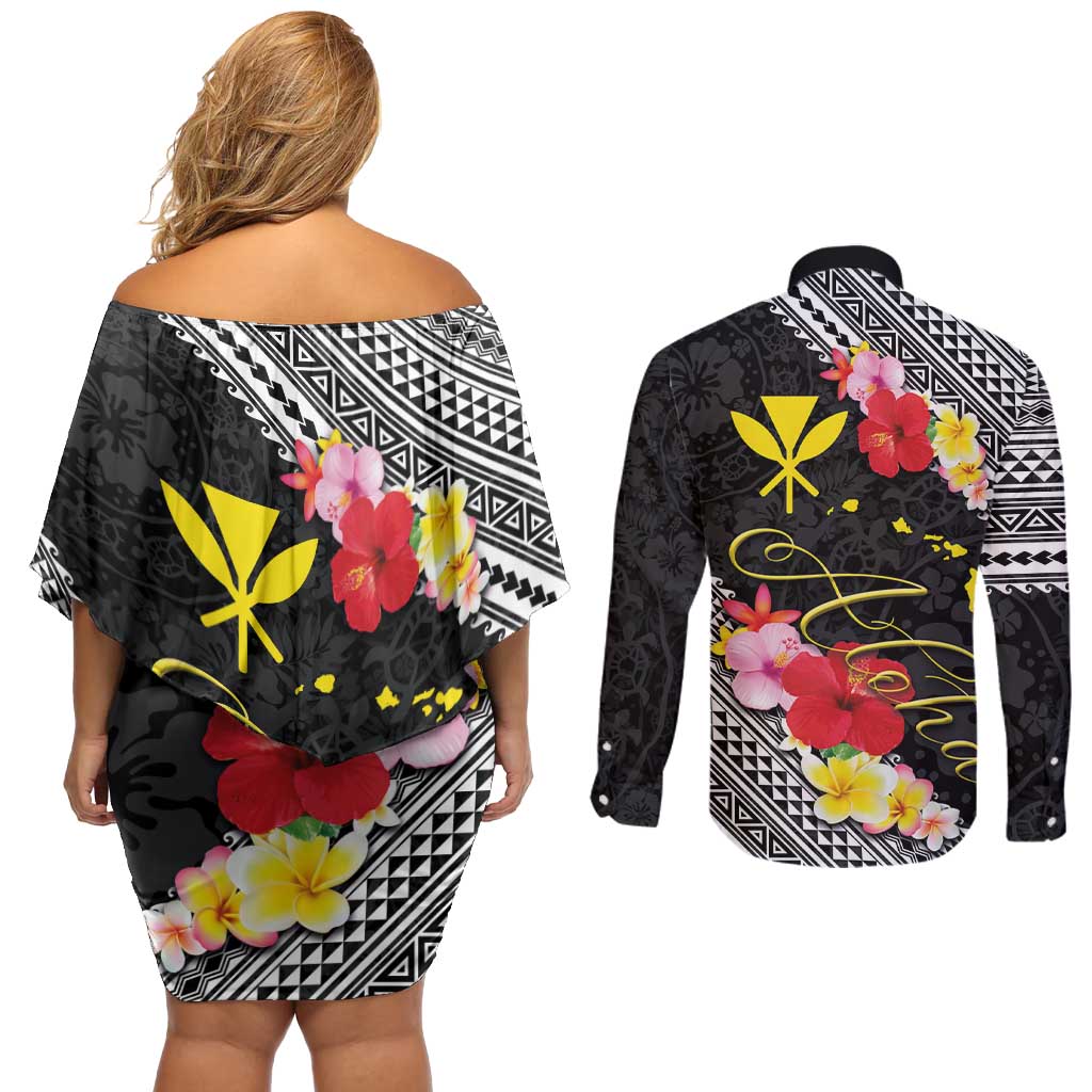 Aloha Hawaii Hibiscus and Plumeria Flowers Couples Matching Off Shoulder Short Dress and Long Sleeve Button Shirt Kanaka Maoli Tattoo Polynesian Pattern