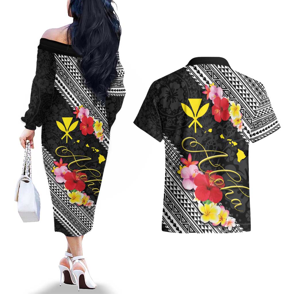 Aloha Hawaii Hibiscus and Plumeria Flowers Couples Matching Off The Shoulder Long Sleeve Dress and Hawaiian Shirt Kanaka Maoli Tattoo Polynesian Pattern