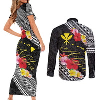 Aloha Hawaii Hibiscus and Plumeria Flowers Couples Matching Short Sleeve Bodycon Dress and Long Sleeve Button Shirt Kanaka Maoli Tattoo Polynesian Pattern
