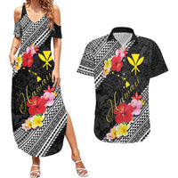 Aloha Hawaii Hibiscus and Plumeria Flowers Couples Matching Summer Maxi Dress and Hawaiian Shirt Kanaka Maoli Tattoo Polynesian Pattern