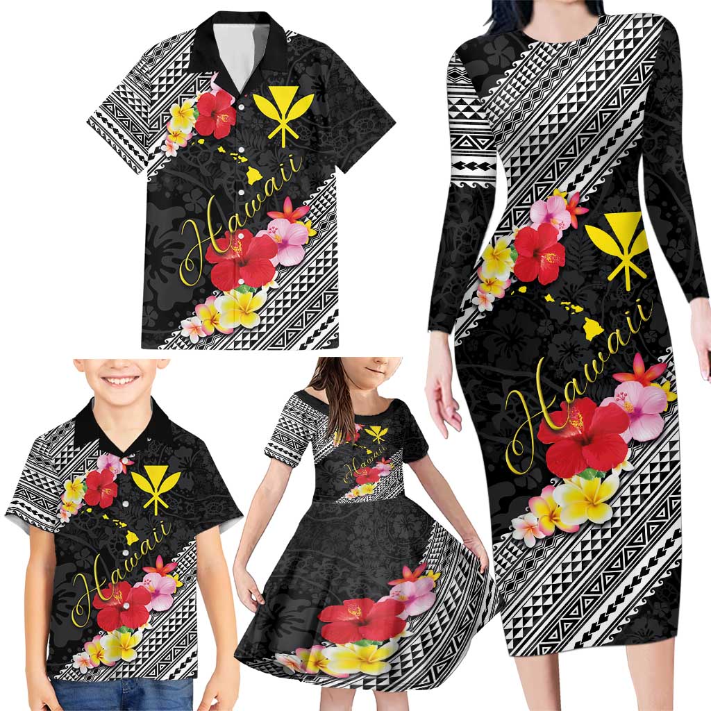 Aloha Hawaii Hibiscus and Plumeria Flowers Family Matching Long Sleeve Bodycon Dress and Hawaiian Shirt Kanaka Maoli Tattoo Polynesian Pattern