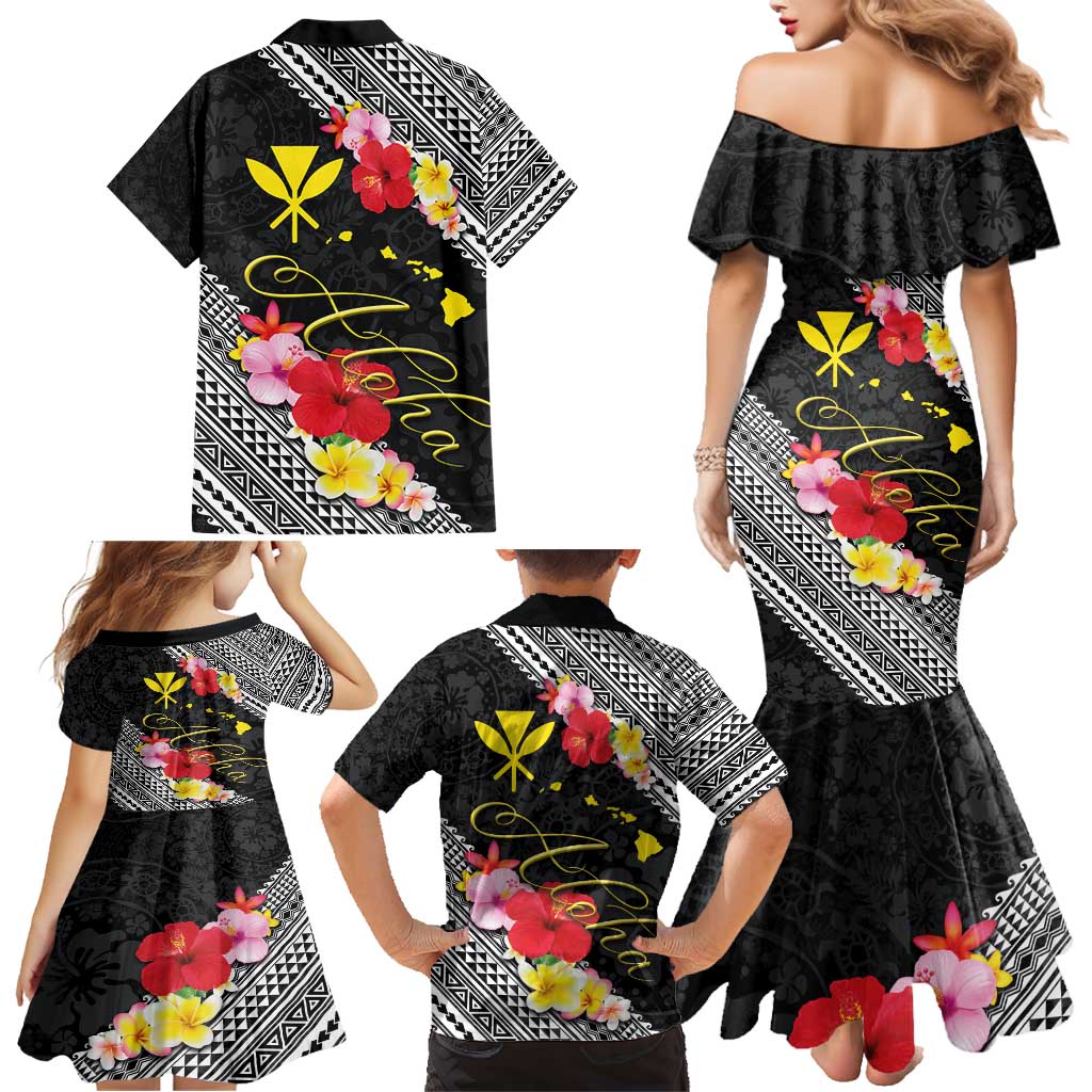 Aloha Hawaii Hibiscus and Plumeria Flowers Family Matching Mermaid Dress and Hawaiian Shirt Kanaka Maoli Tattoo Polynesian Pattern