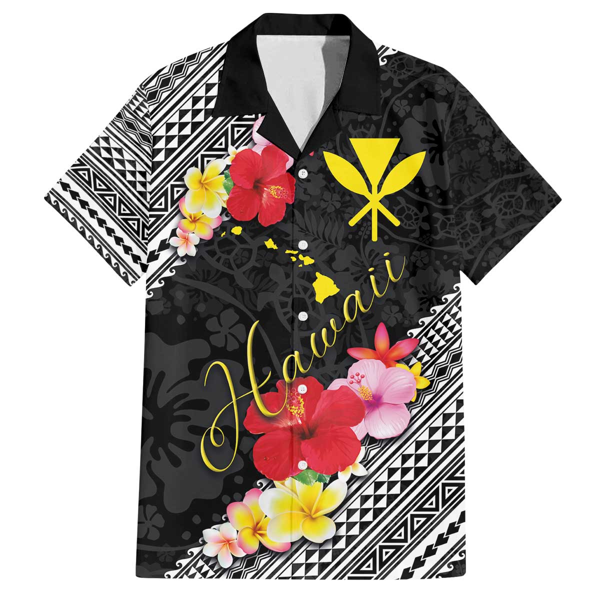 Aloha Hawaii Hibiscus and Plumeria Flowers Family Matching Off The Shoulder Long Sleeve Dress and Hawaiian Shirt Kanaka Maoli Tattoo Polynesian Pattern