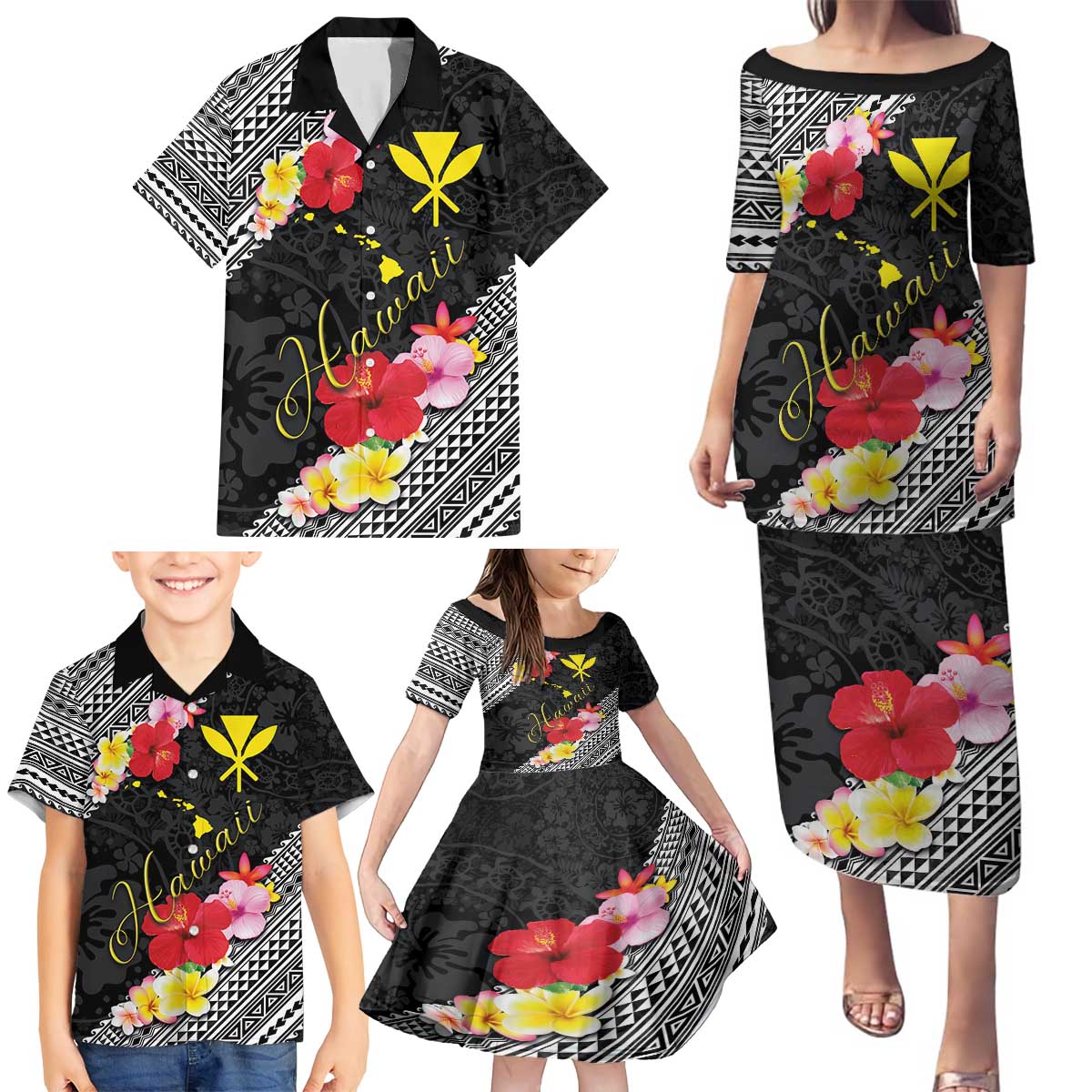 Aloha Hawaii Hibiscus and Plumeria Flowers Family Matching Puletasi and Hawaiian Shirt Kanaka Maoli Tattoo Polynesian Pattern