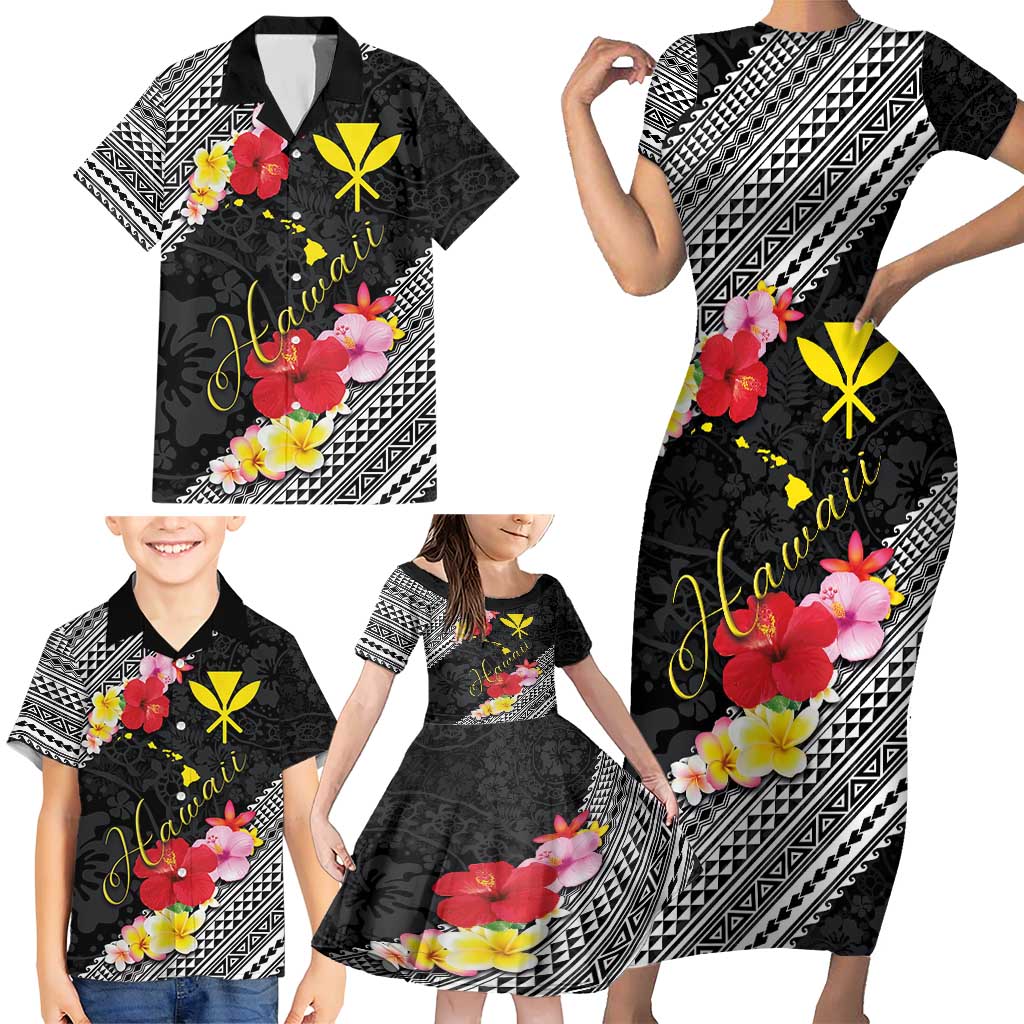 Aloha Hawaii Hibiscus and Plumeria Flowers Family Matching Short Sleeve Bodycon Dress and Hawaiian Shirt Kanaka Maoli Tattoo Polynesian Pattern