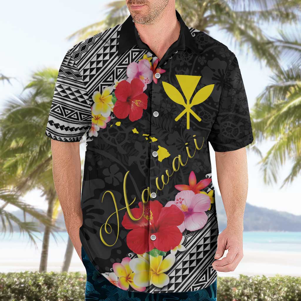 Aloha Hawaii Hibiscus and Plumeria Flowers Hawaiian Shirt Kanaka Maoli Tattoo Polynesian Pattern