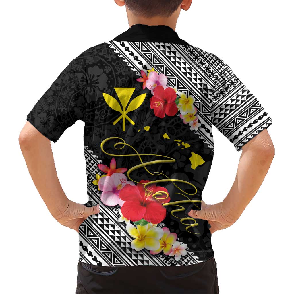Aloha Hawaii Hibiscus and Plumeria Flowers Kid Hawaiian Shirt Kanaka Maoli Tattoo Polynesian Pattern