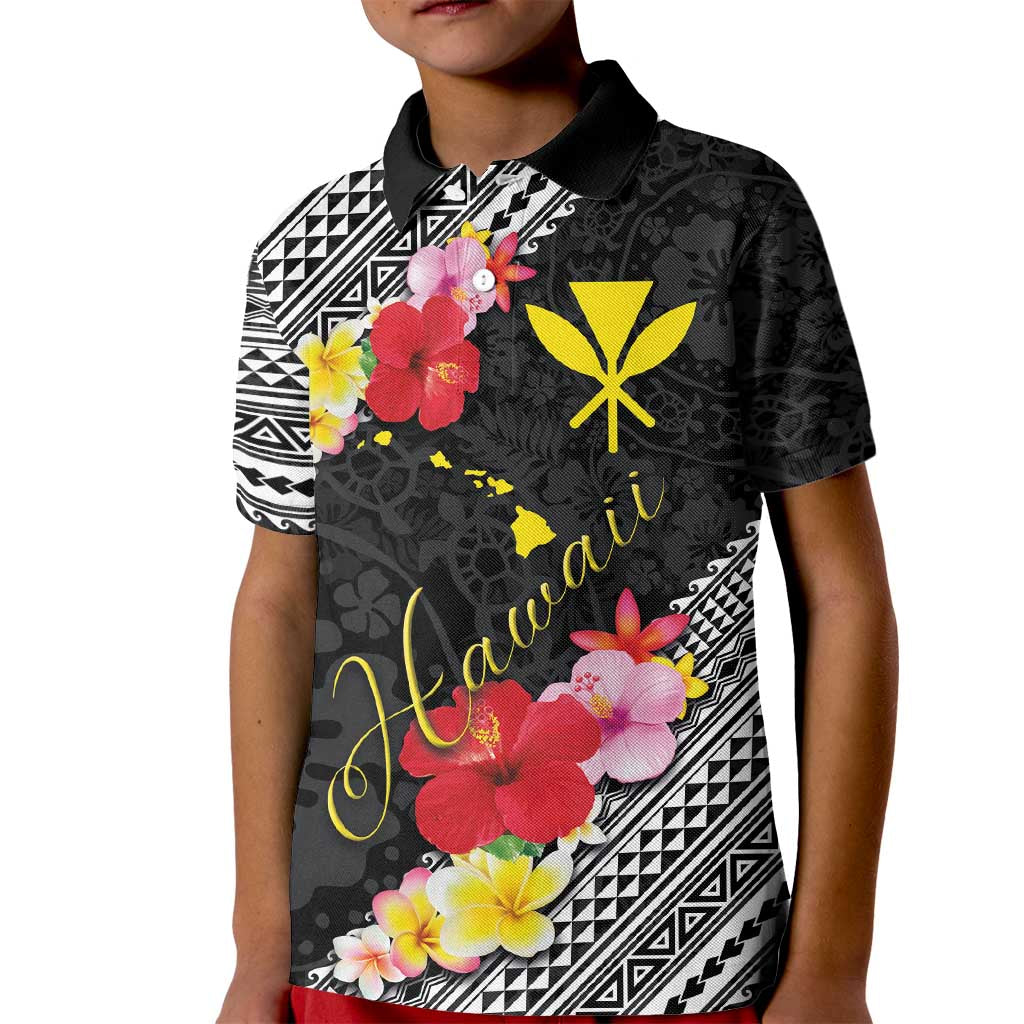 Aloha Hawaii Hibiscus and Plumeria Flowers Kid Polo Shirt Kanaka Maoli Tattoo Polynesian Pattern