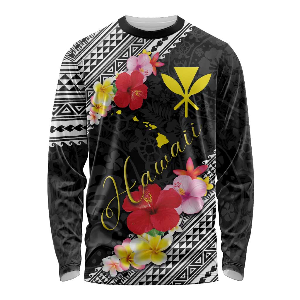 Aloha Hawaii Hibiscus and Plumeria Flowers Long Sleeve Shirt Kanaka Maoli Tattoo Polynesian Pattern