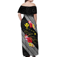 Aloha Hawaii Hibiscus and Plumeria Flowers Off Shoulder Maxi Dress Kanaka Maoli Tattoo Polynesian Pattern