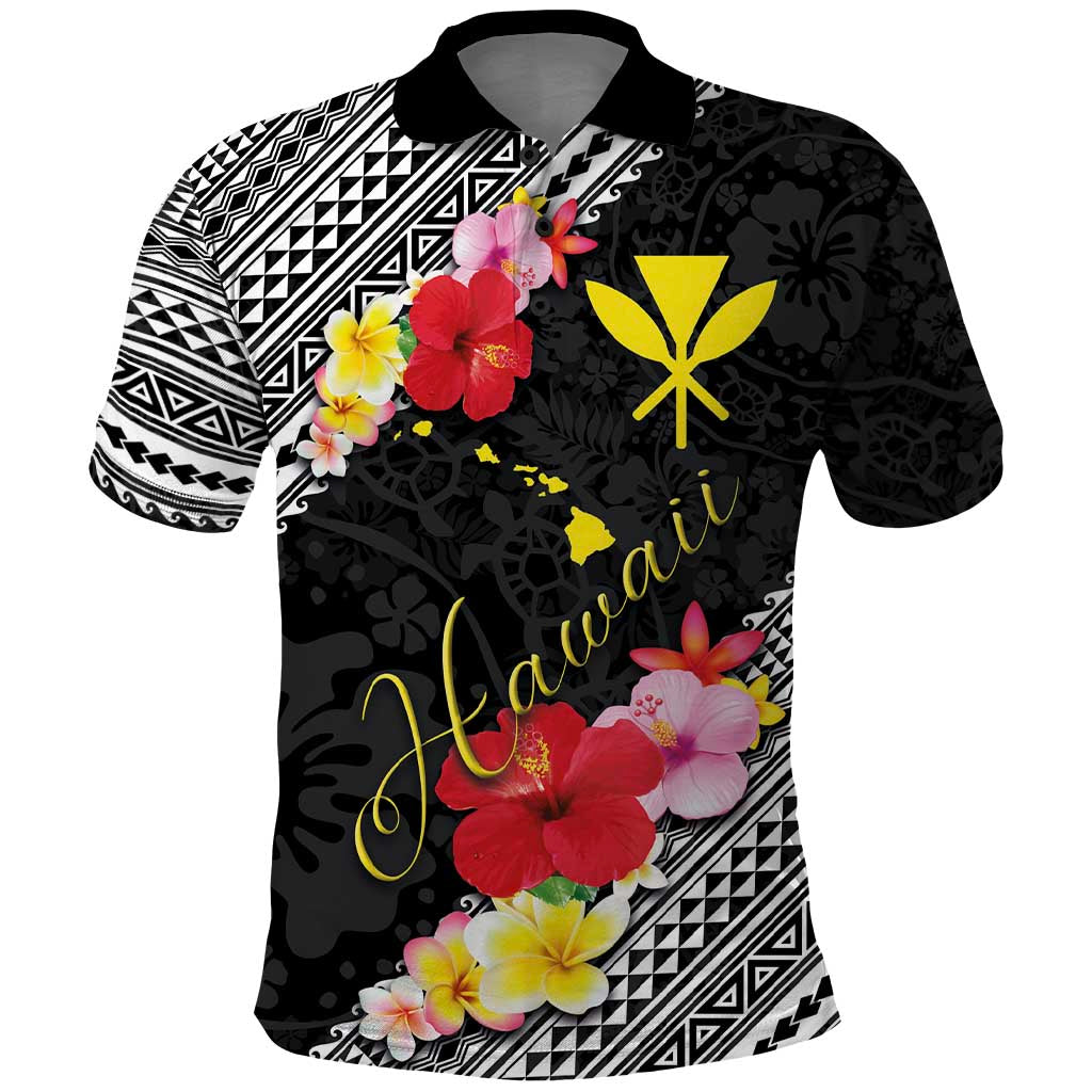 Aloha Hawaii Hibiscus and Plumeria Flowers Polo Shirt Kanaka Maoli Tattoo Polynesian Pattern