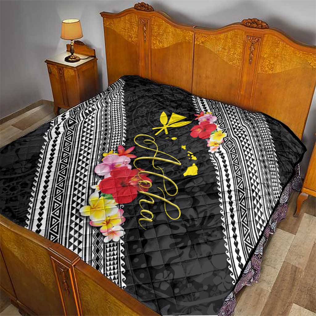 Aloha Hawaii Hibiscus and Plumeria Flowers Quilt Kanaka Maoli Tattoo Polynesian Pattern
