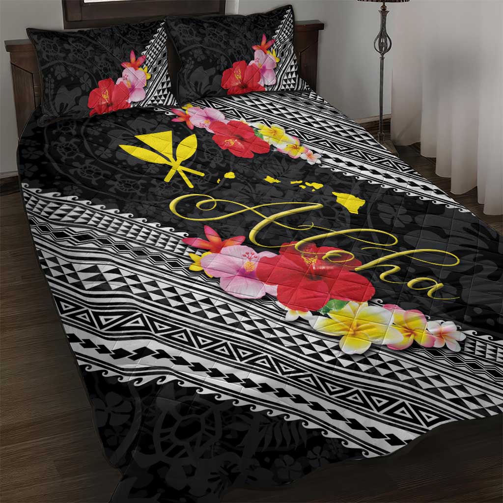 Aloha Hawaii Hibiscus and Plumeria Flowers Quilt Bed Set Kanaka Maoli Tattoo Polynesian Pattern