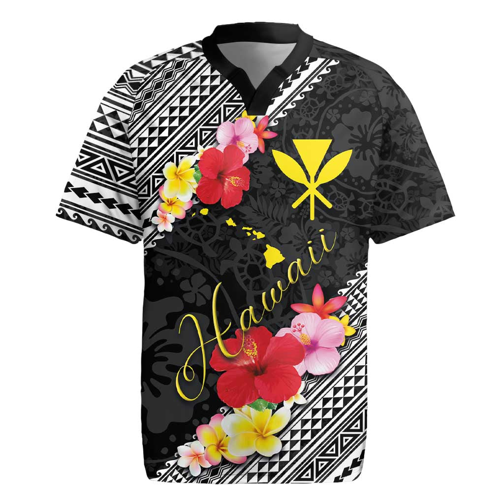 Aloha Hawaii Hibiscus and Plumeria Flowers Rugby Jersey Kanaka Maoli Tattoo Polynesian Pattern