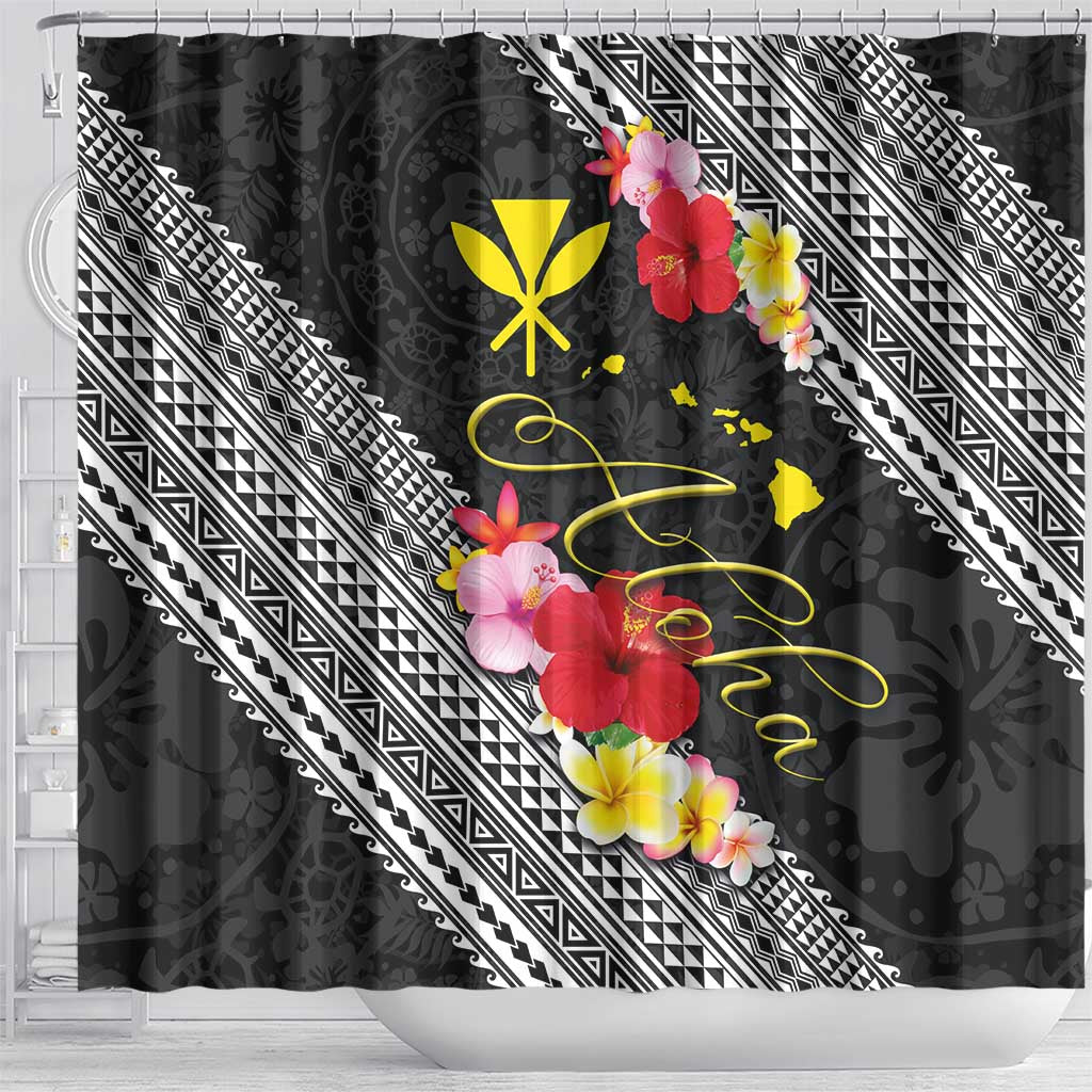 Aloha Hawaii Hibiscus and Plumeria Flowers Shower Curtain Kanaka Maoli Tattoo Polynesian Pattern