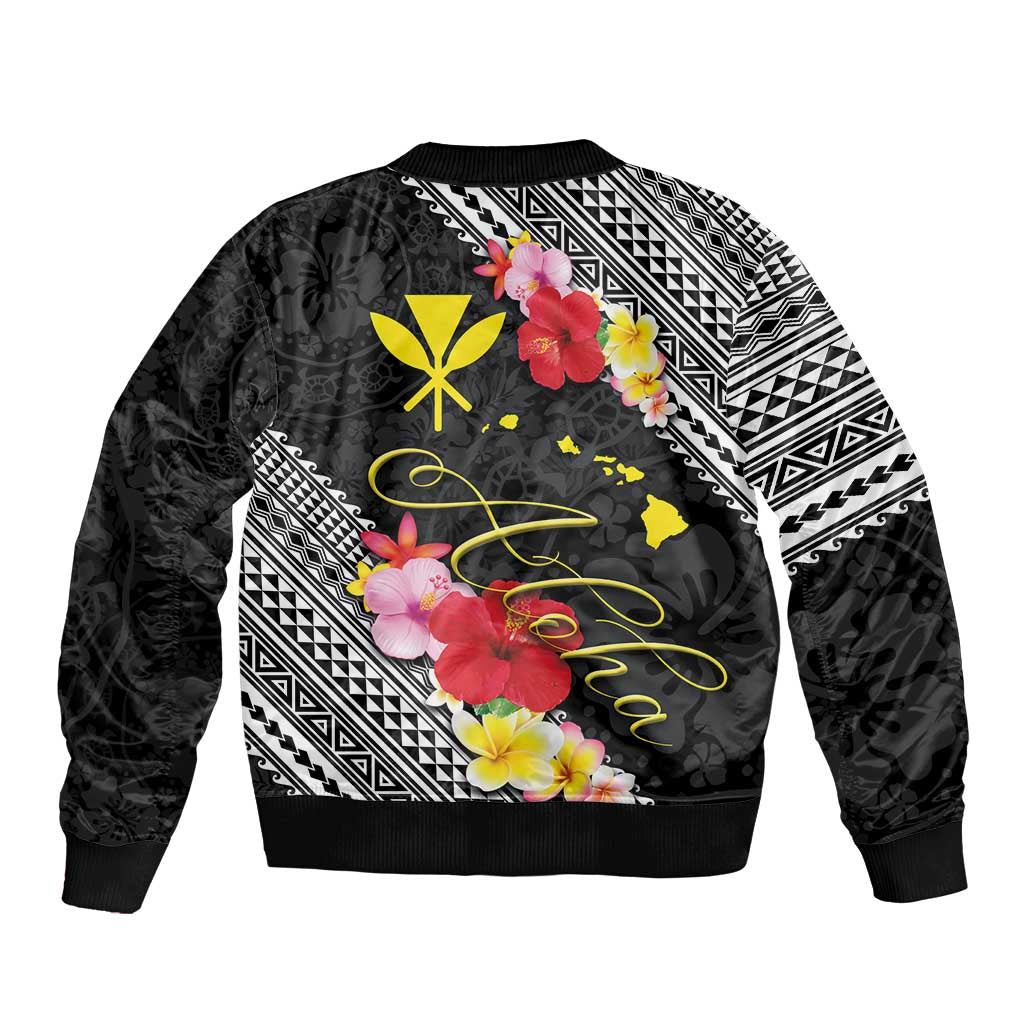 Aloha Hawaii Hibiscus and Plumeria Flowers Sleeve Zip Bomber Jacket Kanaka Maoli Tattoo Polynesian Pattern