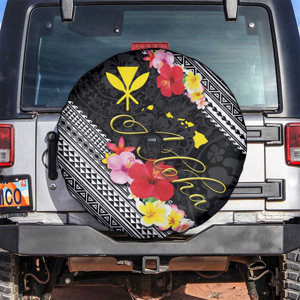 Aloha Hawaii Hibiscus and Plumeria Flowers Spare Tire Cover Kanaka Maoli Tattoo Polynesian Pattern