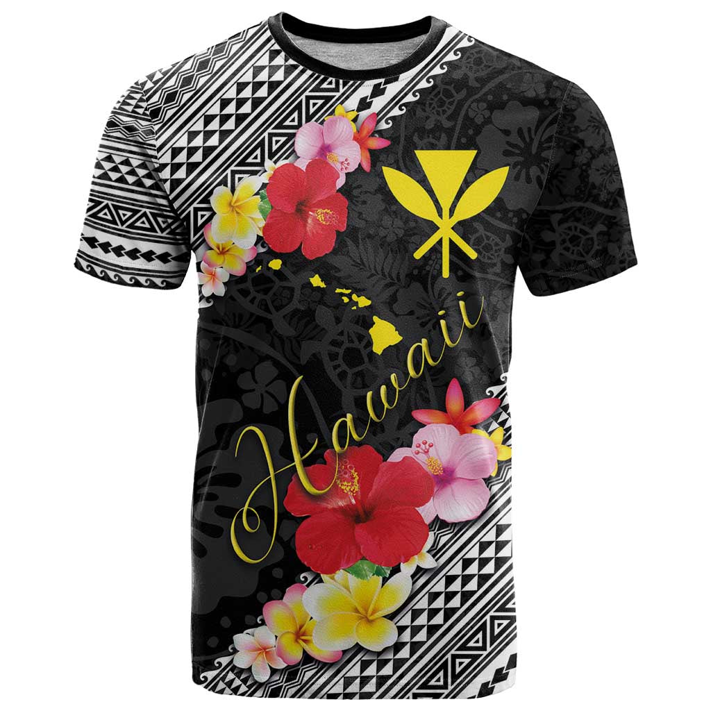 Aloha Hawaii Hibiscus and Plumeria Flowers T Shirt Kanaka Maoli Tattoo Polynesian Pattern