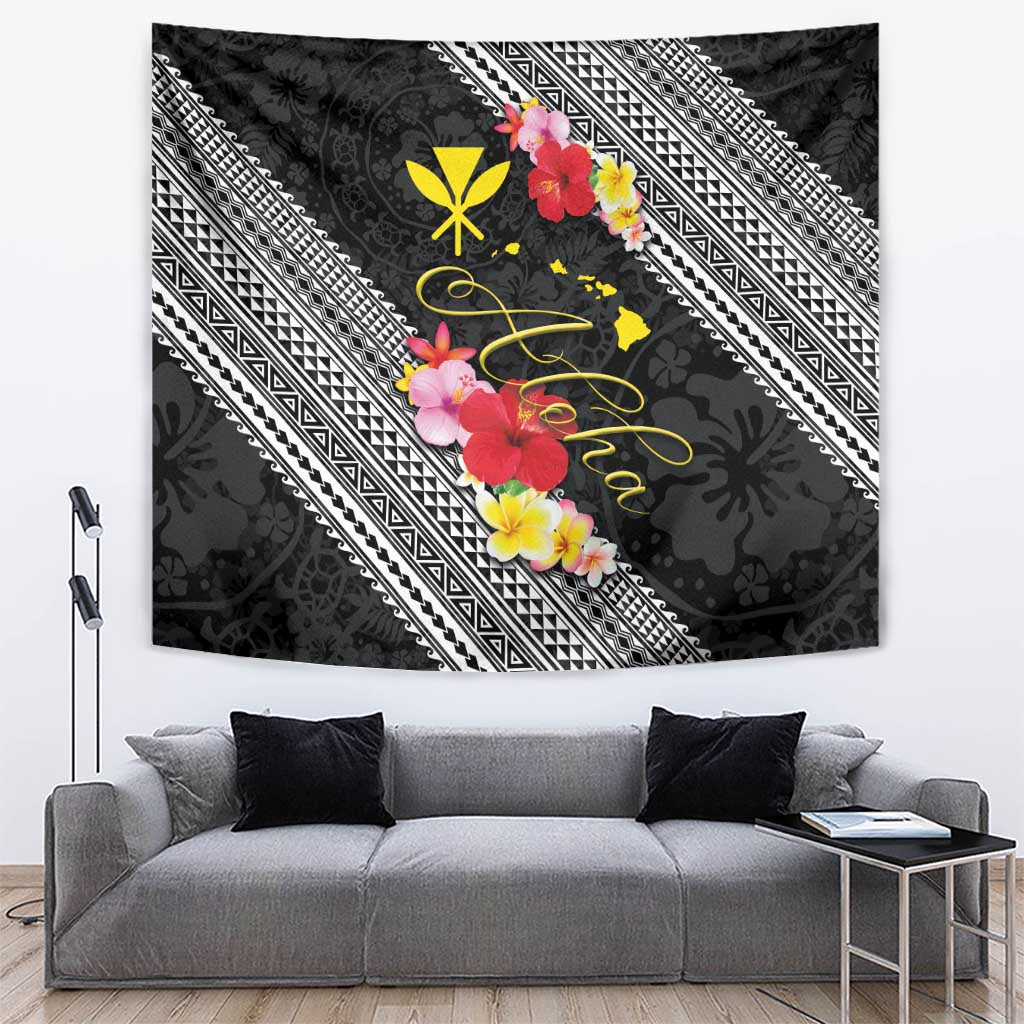 Aloha Hawaii Hibiscus and Plumeria Flowers Tapestry Kanaka Maoli Tattoo Polynesian Pattern