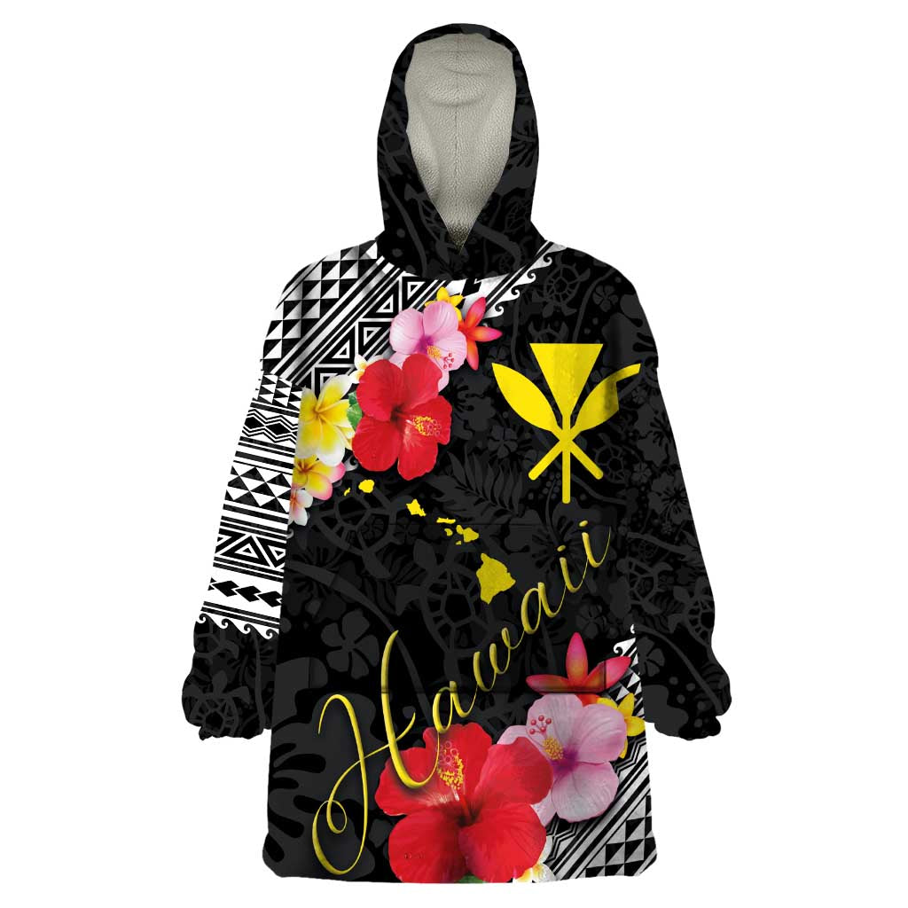 Aloha Hawaii Hibiscus and Plumeria Flowers Wearable Blanket Hoodie Kanaka Maoli Tattoo Polynesian Pattern
