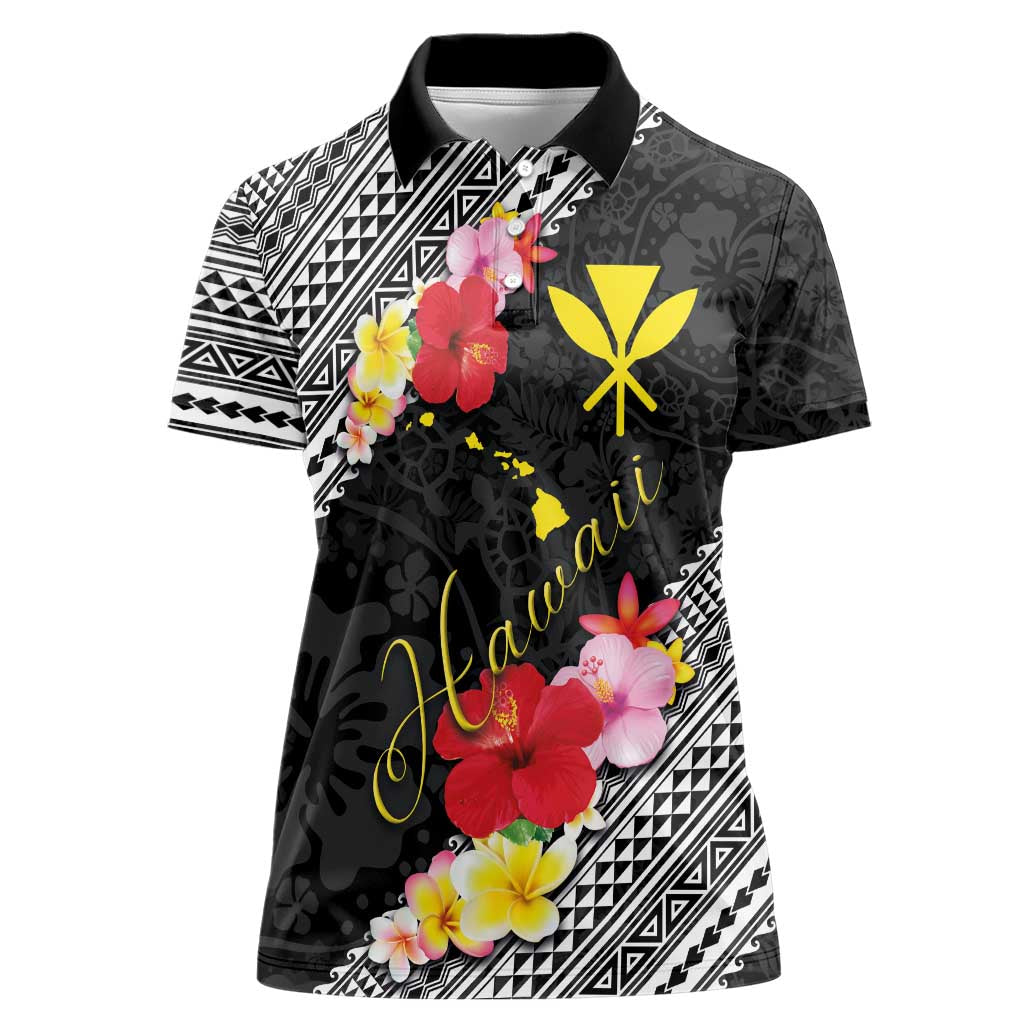 Aloha Hawaii Hibiscus and Plumeria Flowers Women Polo Shirt Kanaka Maoli Tattoo Polynesian Pattern