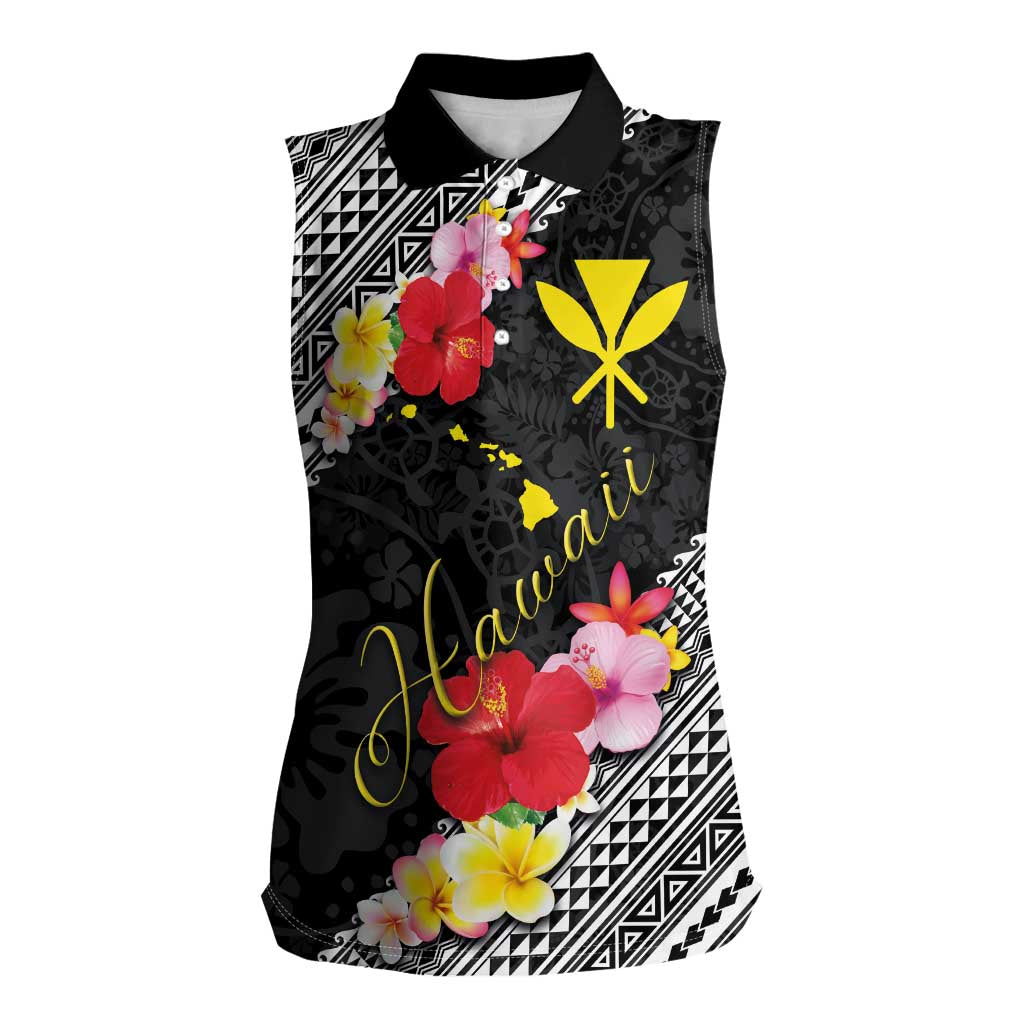 Aloha Hawaii Hibiscus and Plumeria Flowers Women Sleeveless Polo Shirt Kanaka Maoli Tattoo Polynesian Pattern