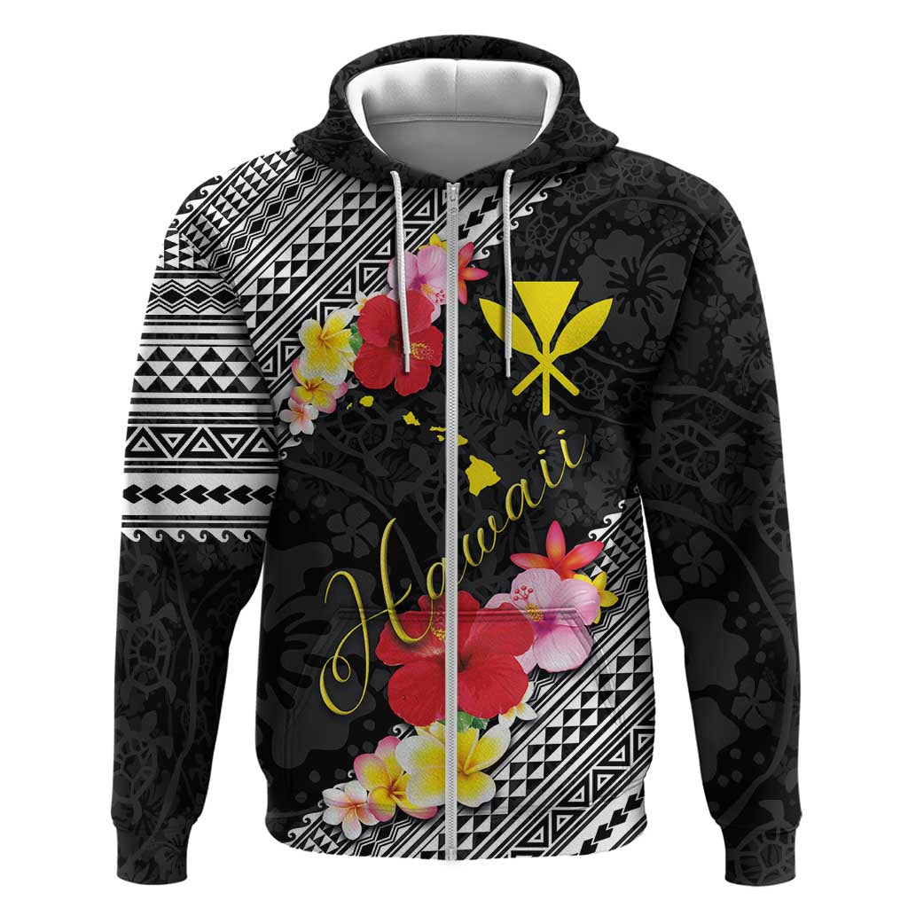 Aloha Hawaii Hibiscus and Plumeria Flowers Zip Hoodie Kanaka Maoli Tattoo Polynesian Pattern