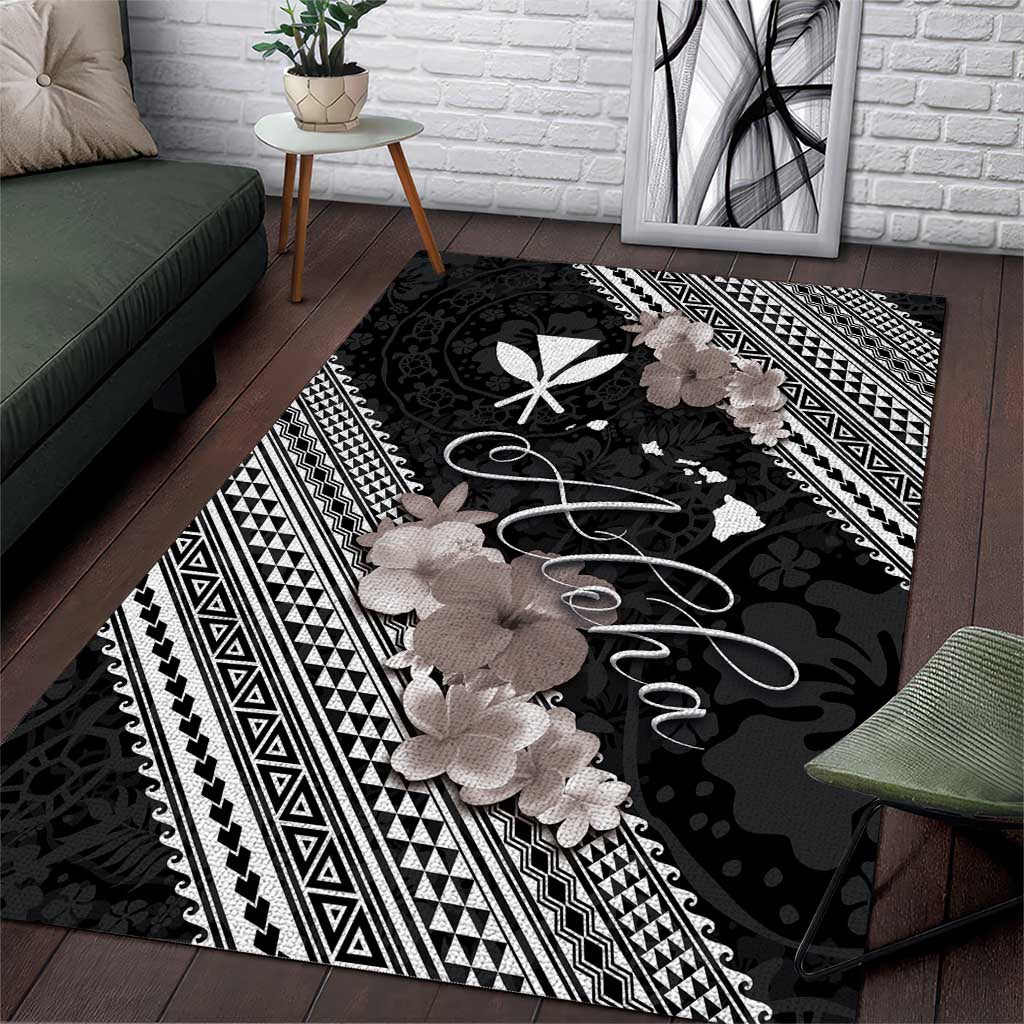 Aloha Hawaii Hibiscus and Plumeria Flowers Area Rug Kanaka Maoli Tattoo Polynesian Pattern Gray Color