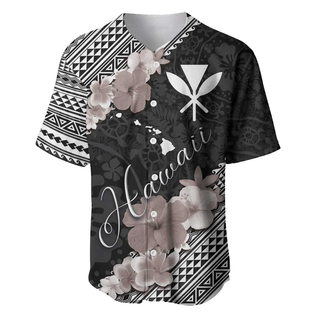 Aloha Hawaii Hibiscus and Plumeria Flowers Baseball Jersey Kanaka Maoli Tattoo Polynesian Pattern Gray Color