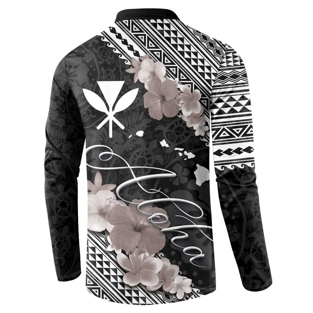 Aloha Hawaii Hibiscus and Plumeria Flowers Button Sweatshirt Kanaka Maoli Tattoo Polynesian Pattern Gray Color