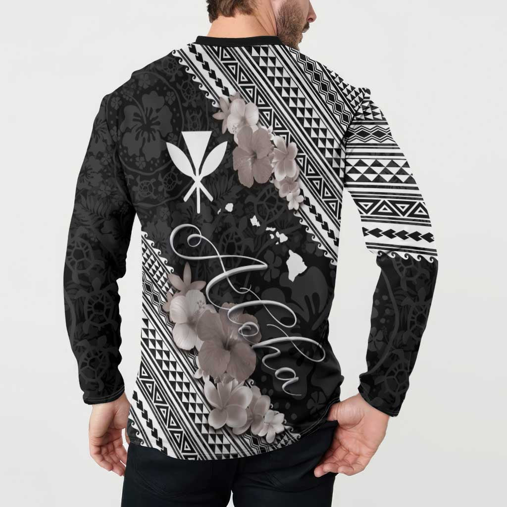 Aloha Hawaii Hibiscus and Plumeria Flowers Button Sweatshirt Kanaka Maoli Tattoo Polynesian Pattern Gray Color