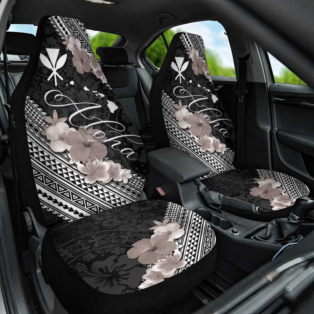 Aloha Hawaii Hibiscus and Plumeria Flowers Car Seat Cover Kanaka Maoli Tattoo Polynesian Pattern Gray Color