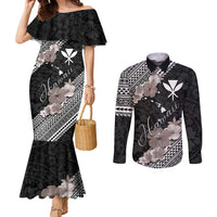 Aloha Hawaii Hibiscus and Plumeria Flowers Couples Matching Mermaid Dress and Long Sleeve Button Shirt Kanaka Maoli Tattoo Polynesian Pattern Gray Color