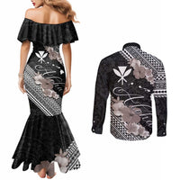 Aloha Hawaii Hibiscus and Plumeria Flowers Couples Matching Mermaid Dress and Long Sleeve Button Shirt Kanaka Maoli Tattoo Polynesian Pattern Gray Color