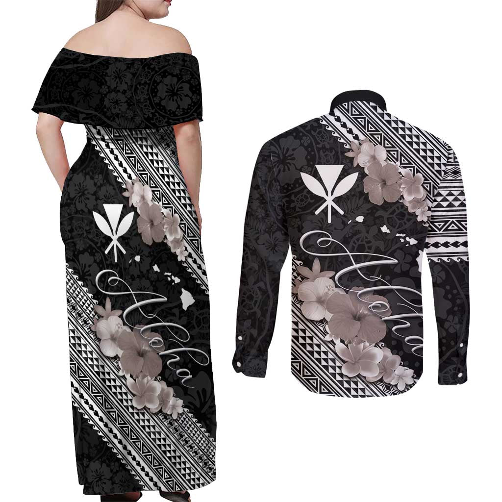 Aloha Hawaii Hibiscus and Plumeria Flowers Couples Matching Off Shoulder Maxi Dress and Long Sleeve Button Shirt Kanaka Maoli Tattoo Polynesian Pattern Gray Color
