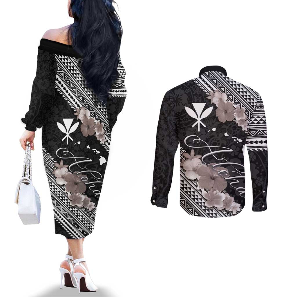 Aloha Hawaii Hibiscus and Plumeria Flowers Couples Matching Off The Shoulder Long Sleeve Dress and Long Sleeve Button Shirt Kanaka Maoli Tattoo Polynesian Pattern Gray Color