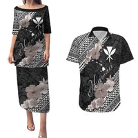 Aloha Hawaii Hibiscus and Plumeria Flowers Couples Matching Puletasi and Hawaiian Shirt Kanaka Maoli Tattoo Polynesian Pattern Gray Color