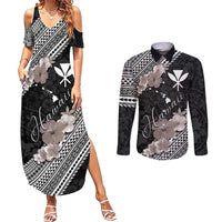 Aloha Hawaii Hibiscus and Plumeria Flowers Couples Matching Summer Maxi Dress and Long Sleeve Button Shirt Kanaka Maoli Tattoo Polynesian Pattern Gray Color